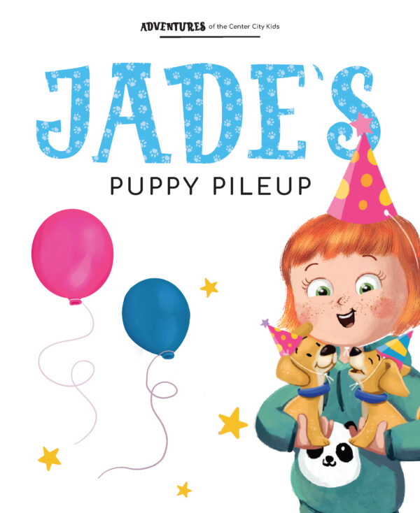 Page preview with illustration of a girl, and with text "Jade's Puppy Pileup"