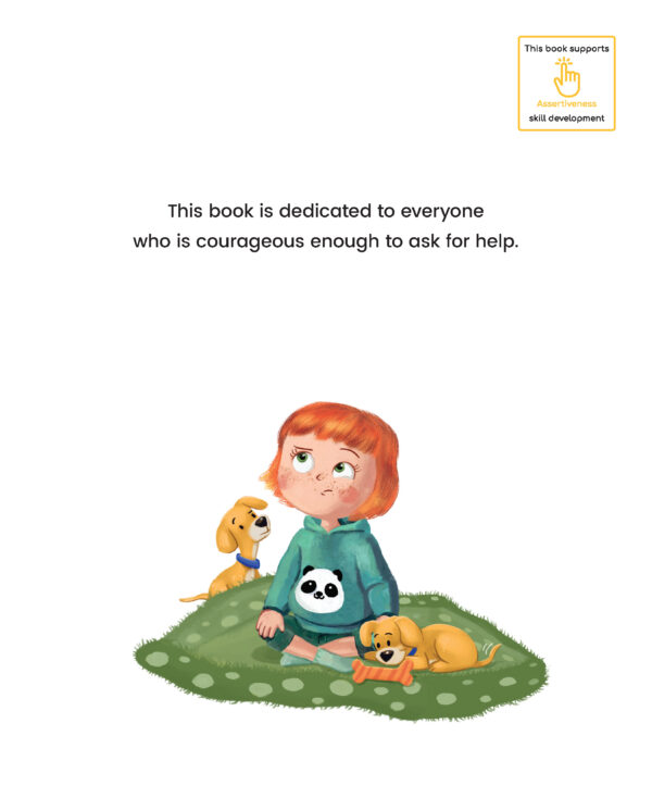 Page preview with illustration of a girl, and with text "This book is dedicated to everyone who is courageous enough to ask for help."
