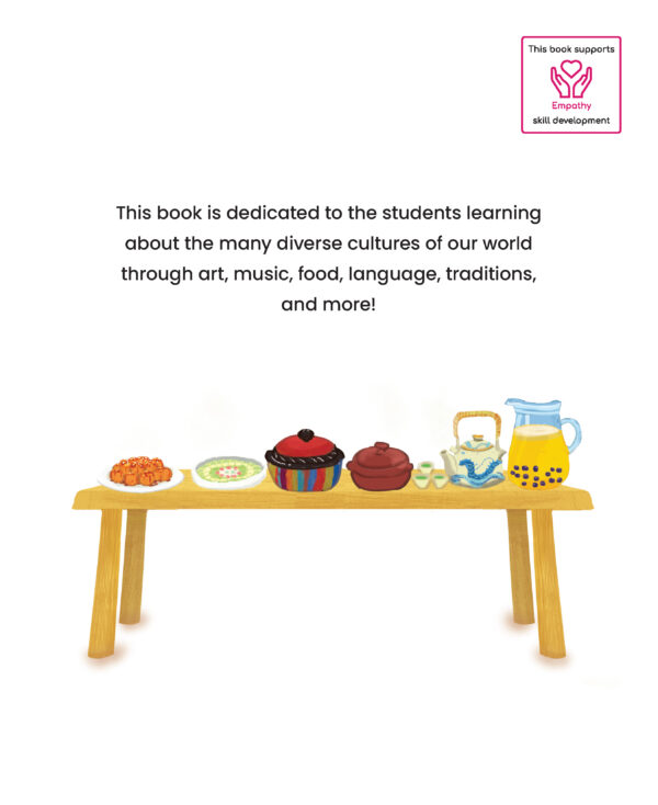 Page preview with illustration of a table full of food and with text "This book is dedicated to the students learning about the many diverse cultures of our world through art, music, food, language, traditions, and more!"