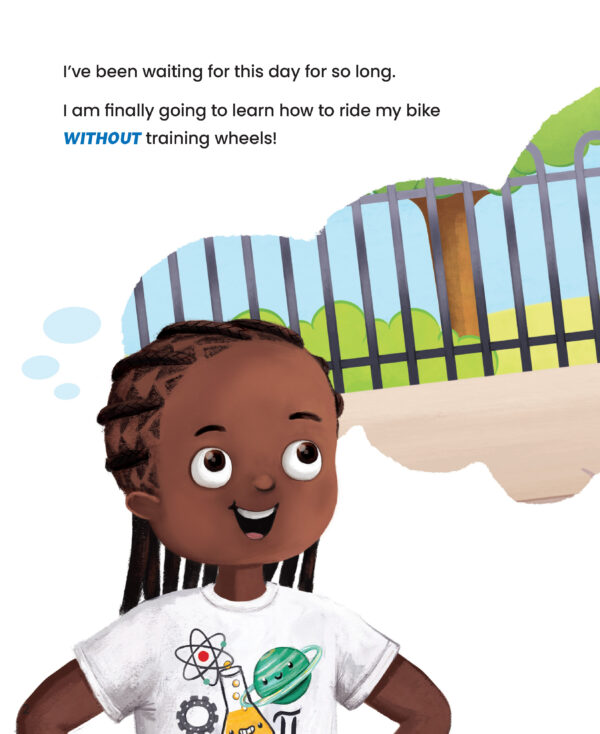 Page Preview with illustration of a girl. thinking, and text "I've been waiting for this day for so long. I am finally going to learn how to ride my bike WITHOUT training wheels!"