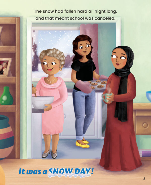 Preview page with illustration of women and text "The snow had fallen hard all night long, and that meant school was canceled."
